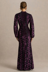 Janet | Black And Burgundy Devore High-Neck Maxi Dress With Cut-Out Details