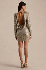 Mercedes | Champagne Sequin Boat-Neck Mini Dress With Draped Detail And Open Back