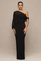 Milania | Black Asymmetric-Neck Maxi Dress With Twist-Sleeve