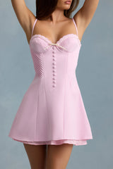 Bow-Detail Scalloped A-Line Mini Dress in Soft Pink