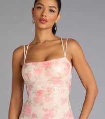 Rosé All Day Floral Lace-Up Sequin Mini Dress