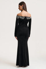 Fern | Black Velvet Embellished Bardot-Neck Maxi Dress