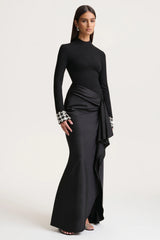 Starred | Black High-Neck Maxi Dress With Satin Wrap-Skirt And Embellished Cuffs