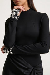 Starred | Black High-Neck Maxi Dress With Satin Wrap-Skirt And Embellished Cuffs