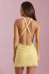 Embellished Cowl-Neck Backless Mini Dress in Yellow