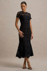 Clarissa | Black Lace Short-Sleeve Pleated Midi Dress