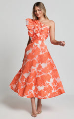 Alfreda Midi Dress One Shoulder Ruffle Detail Brailey Jacquard Dress in Orange