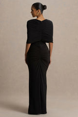 Zinnie | Black Cape-Sleeve Maxi Dress With Mesh Panel