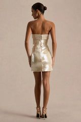 Casandra | Champagne Sequin Bandeau Mini Dress With Satin Trim