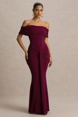 Envisioned | Burgundy Bardot-Neck Maxi Dress With Gathered And Drape Detail