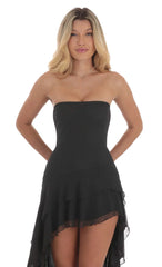 Strapless Mesh High Low Dress in Black