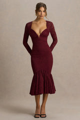 Camilly | Burgundy Lace Plunge-Neck Mermaid Midi Dress