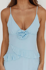 Marlie Frill Trim Rosette Maxi Dress Blue