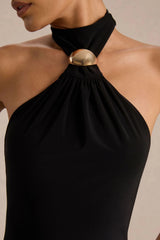 Briala | Black Halter-Neck Wrapped Mini Dress With Gold-Detail