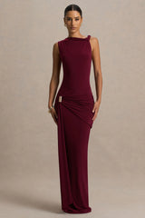 Decadence | Burgundy High-Neck Wrapped Maxi Dress With Twist-Sleeve