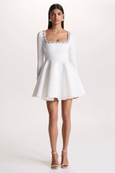 Astonish | White Long-Sleeve Embellished Square-Neck Mini Dress With Volume Skirt