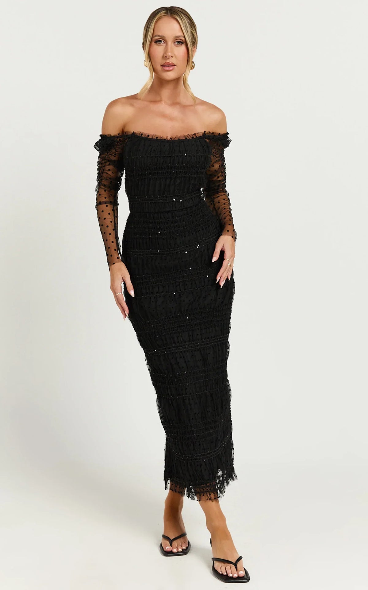Evelyn Midi Dress Long Sleeve Shirred Tulle Dress in Black Polka