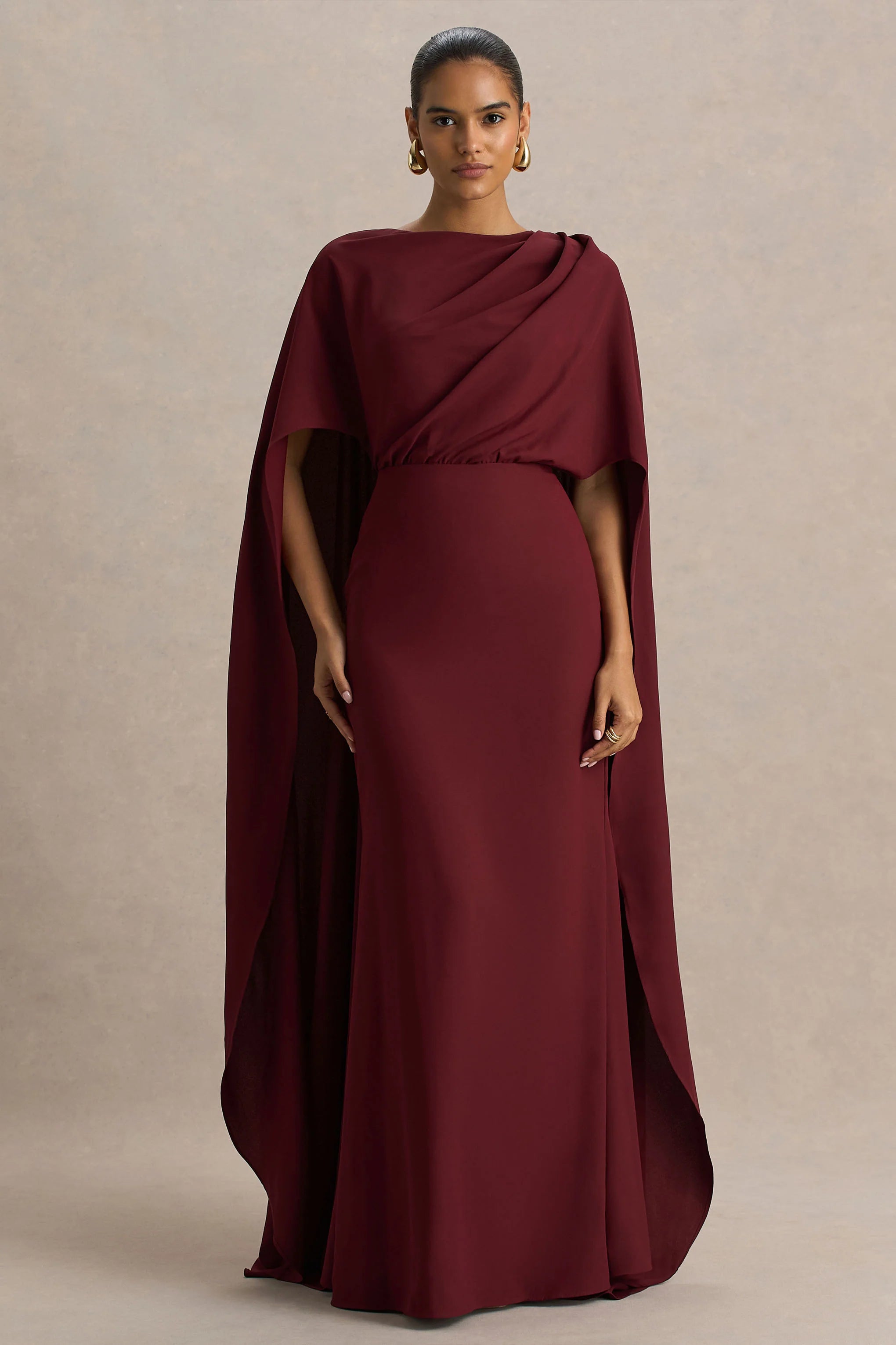 Pristina | Burgundy Boat-Neck Woven Maxi Dress With Cape Detail