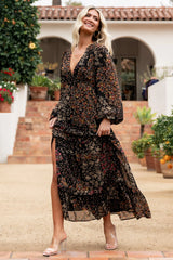 Bowman Deep V Maxi Dress | Black Multi