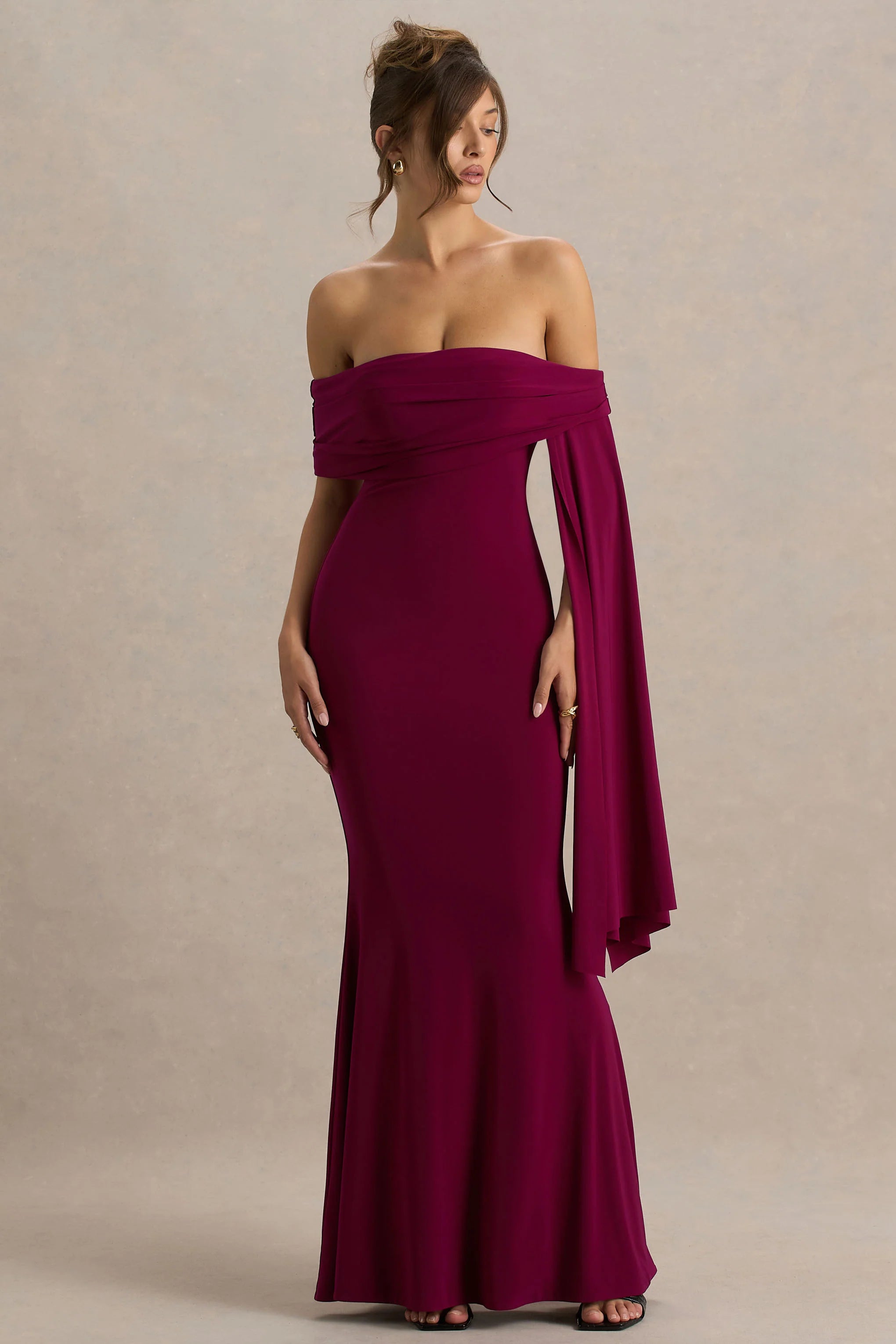 Saffina | Burgundy Bardot-Neck Maxi Dress With Sash Detail