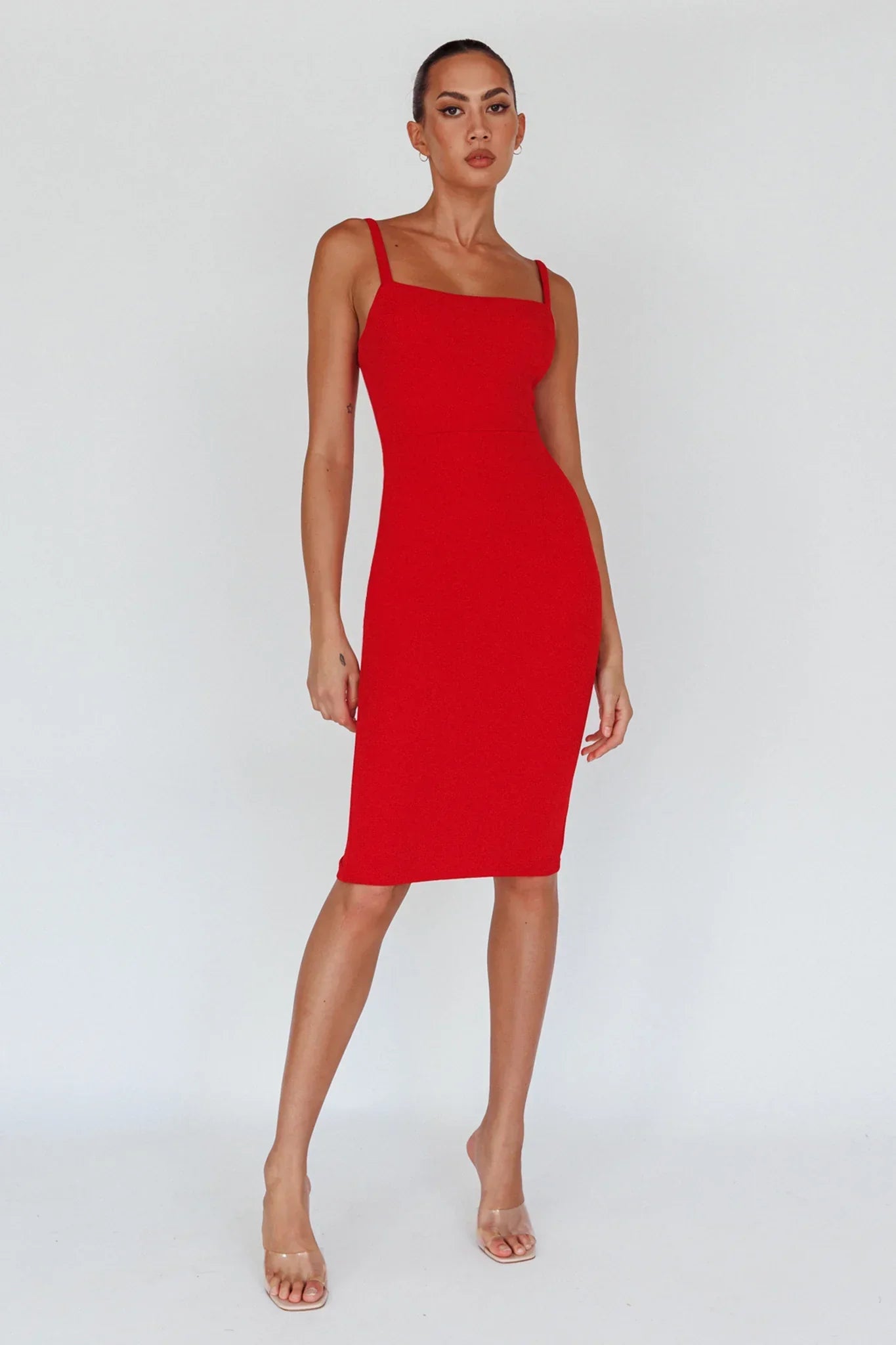 Georgia Square Neckline Midi Dress Red