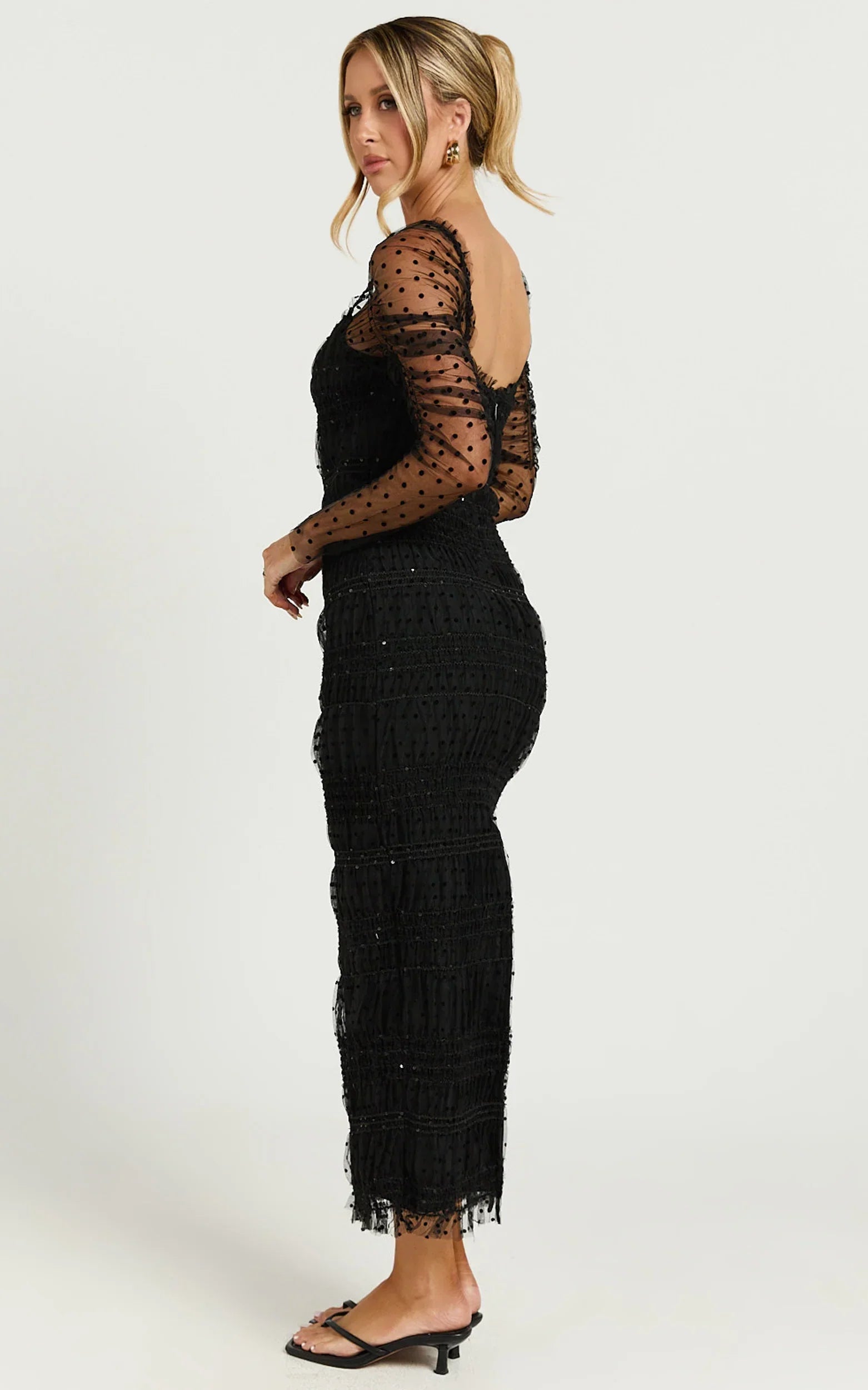 Evelyn Midi Dress Long Sleeve Shirred Tulle Dress in Black Polka