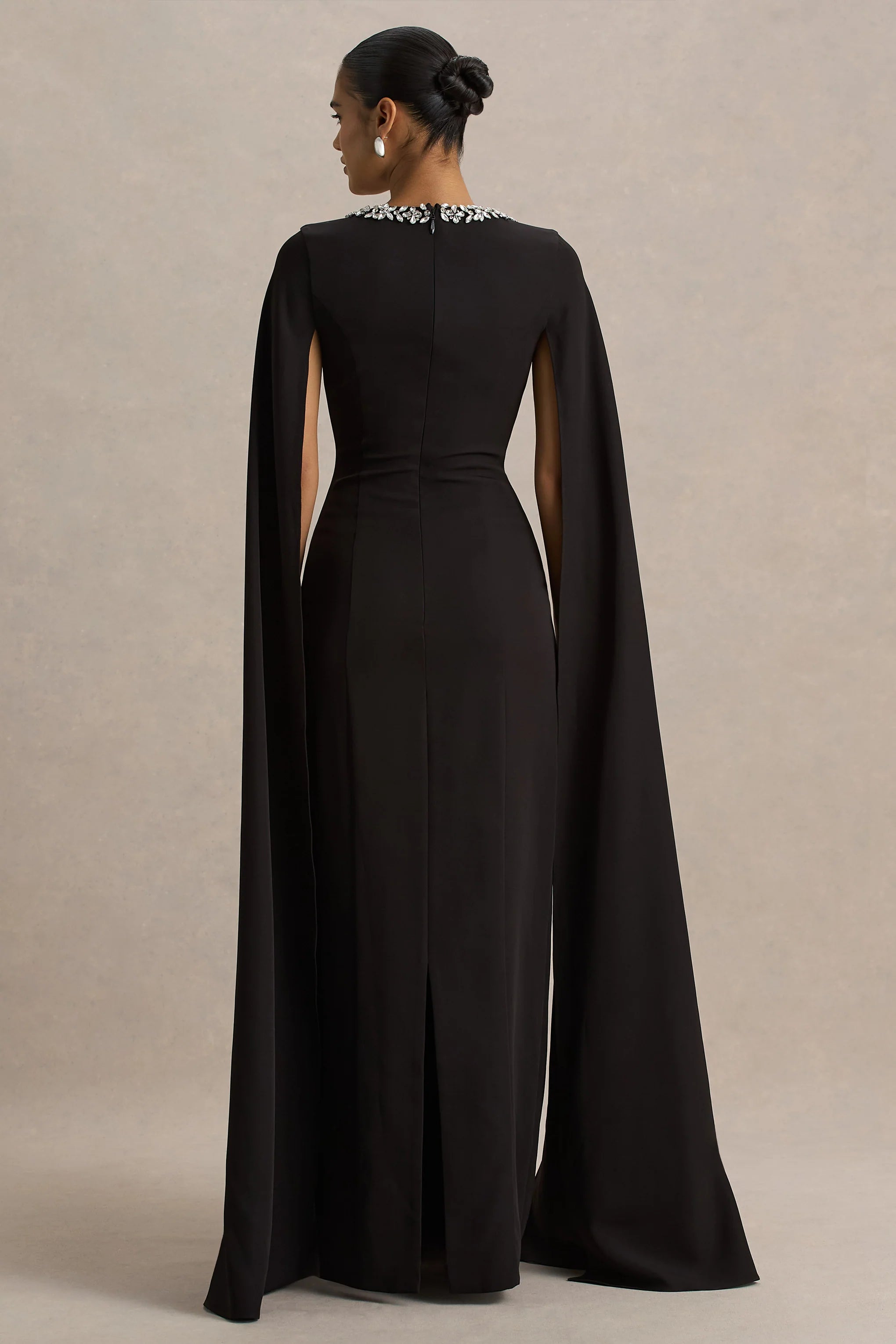 Glossy | Black Woven Square-Neck Maxi Dress With Cape Sleeves and Hand-Embellished Detail