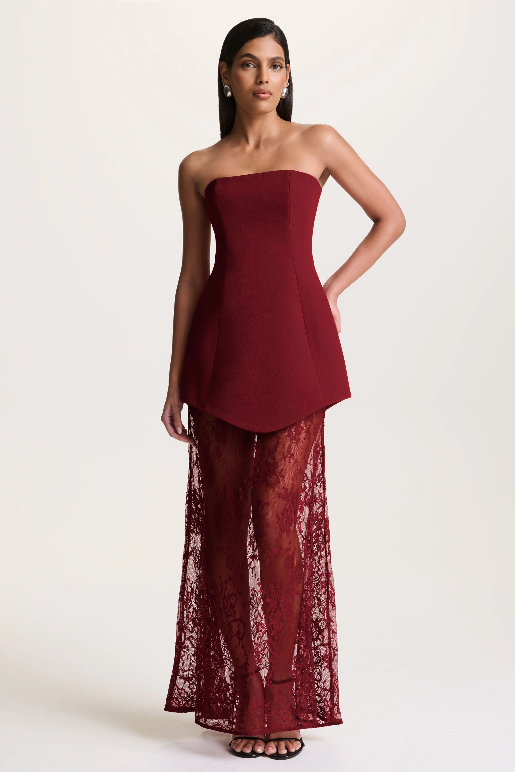 Brandi | Burgundy Bandeau Maxi Dress With Lace Skirt