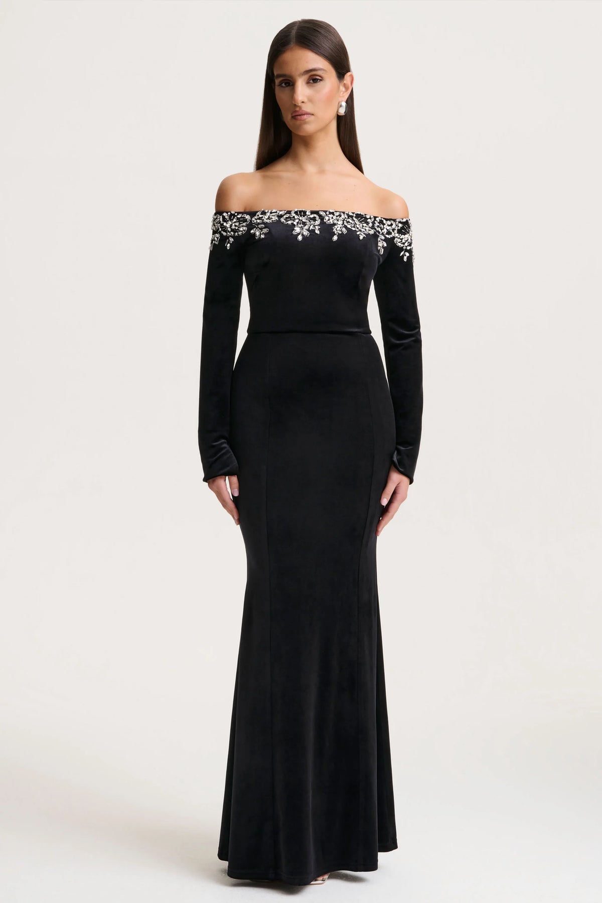 Fern | Black Velvet Embellished Bardot-Neck Maxi Dress