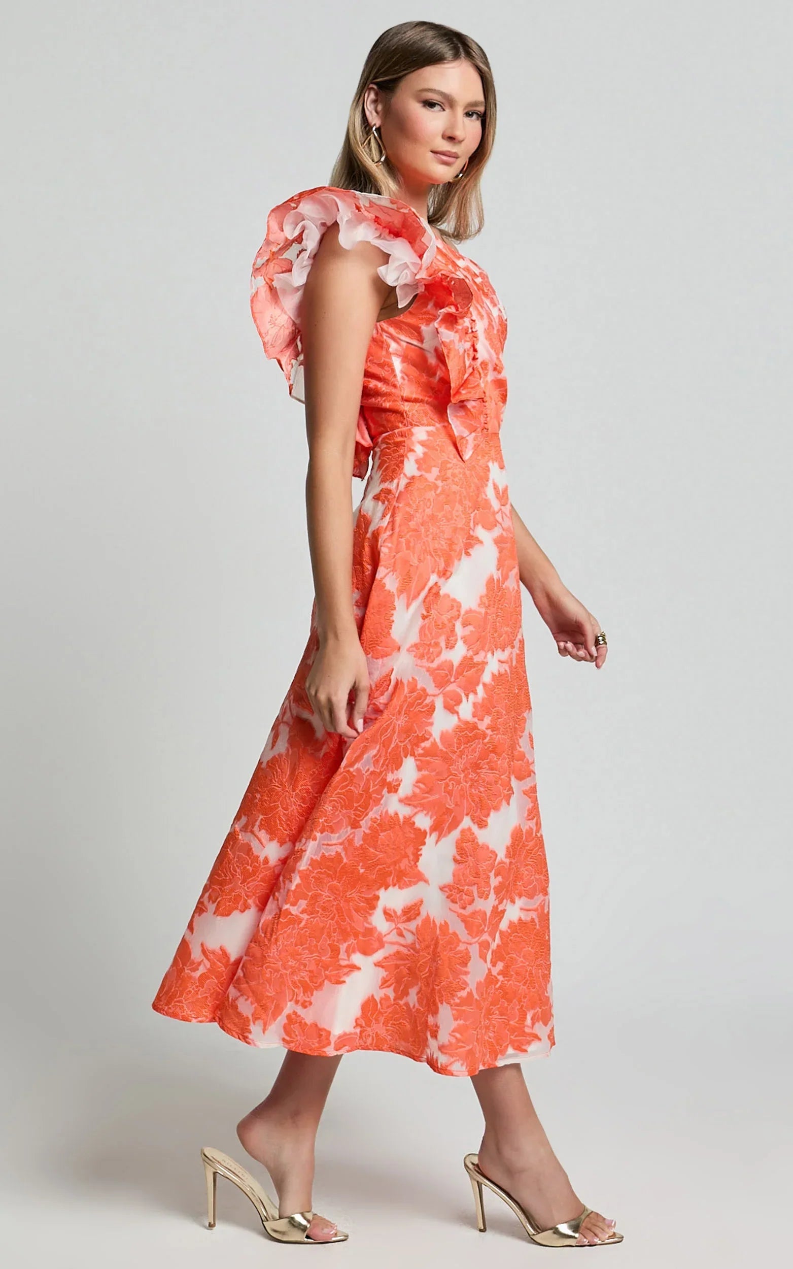 Alfreda Midi Dress One Shoulder Ruffle Detail Brailey Jacquard Dress in Orange