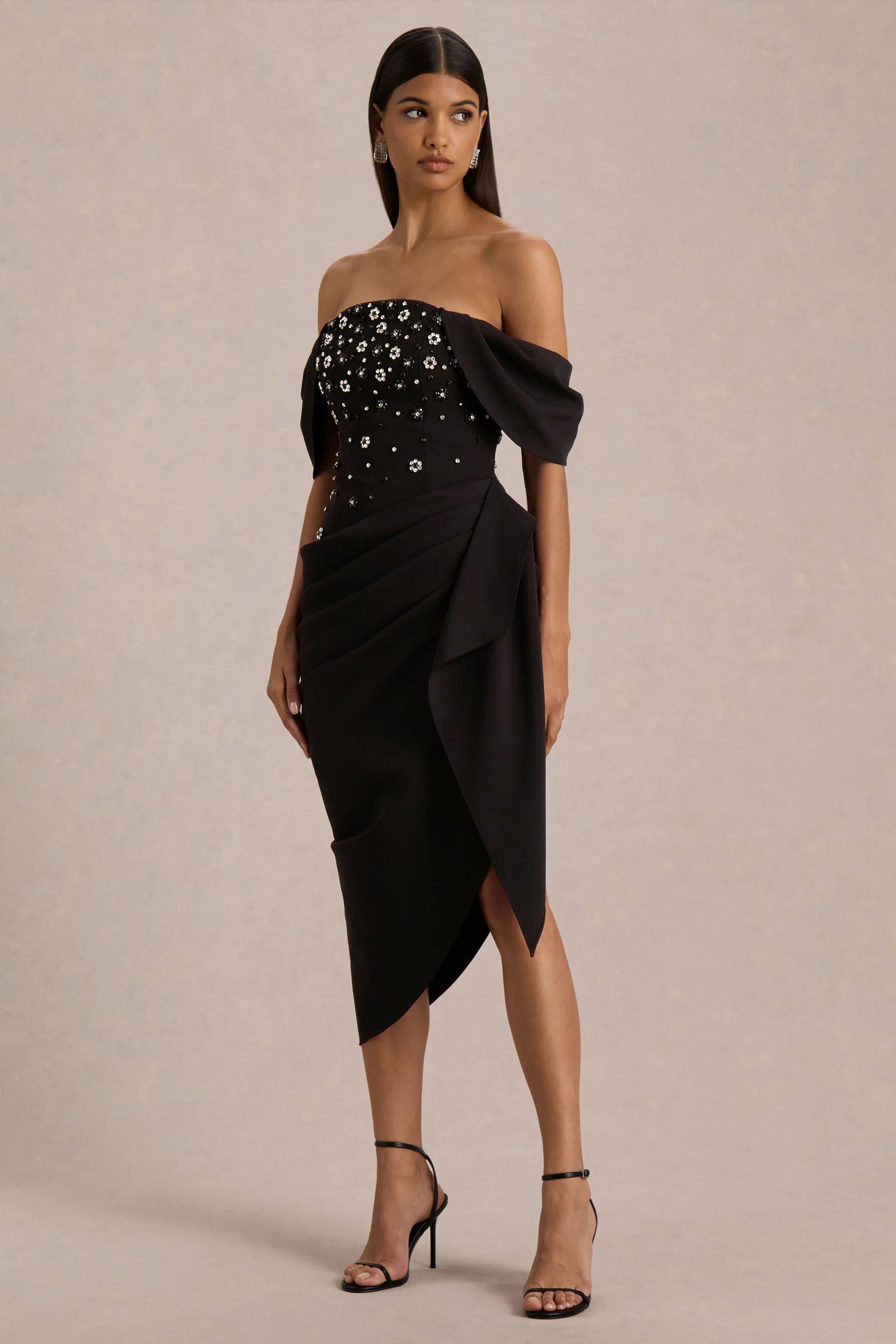 Sylvia | Black Hand-Embellished Bardot-Neck Midi Dress With Draped Satin-Wrap Skirt
