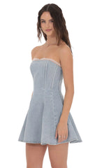Lace Trim Corset Denim Dress in Light Blue