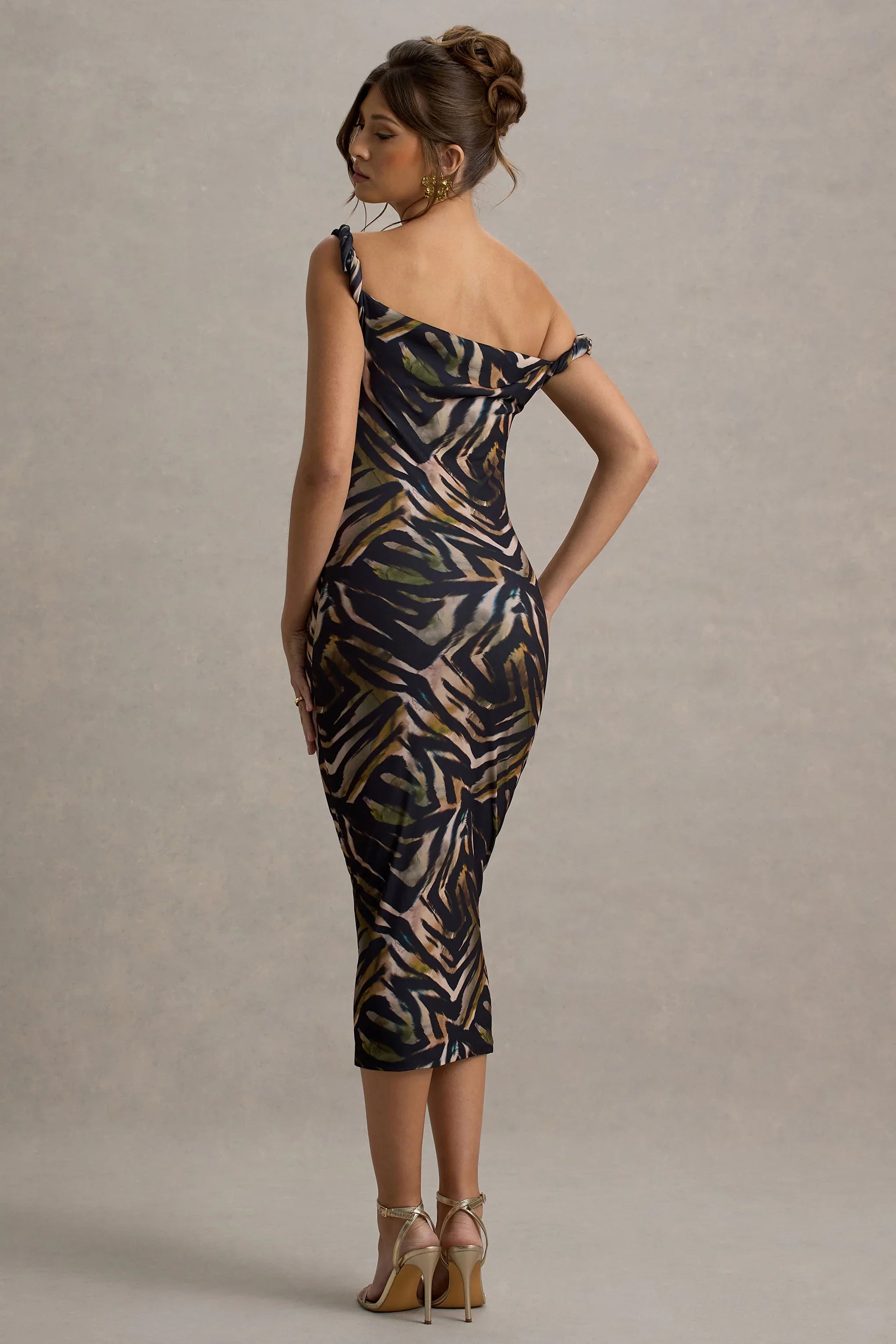 Nora | Zebra Print Twisted Asymmetric Midi Dress