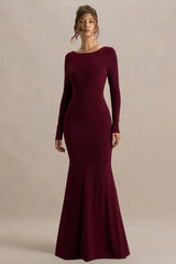 Estelle | Burgundy Boat-Neck Maxi Dress With Open-Back And Lace Detail