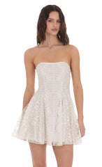 Gold Thread Strapless Fit and Flare Dress in Ivory