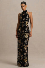 Tate | Black Velvet Halter-Neck Maxi Dress With Bronze Floral Sequin Embellishments