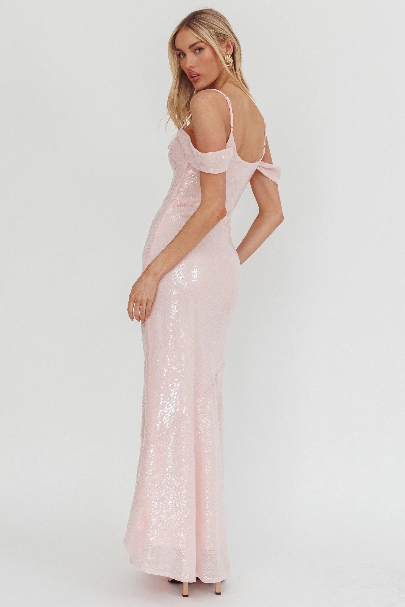 Madrid Sunset Off-Shoulder Sequin Maxi Dress Pink