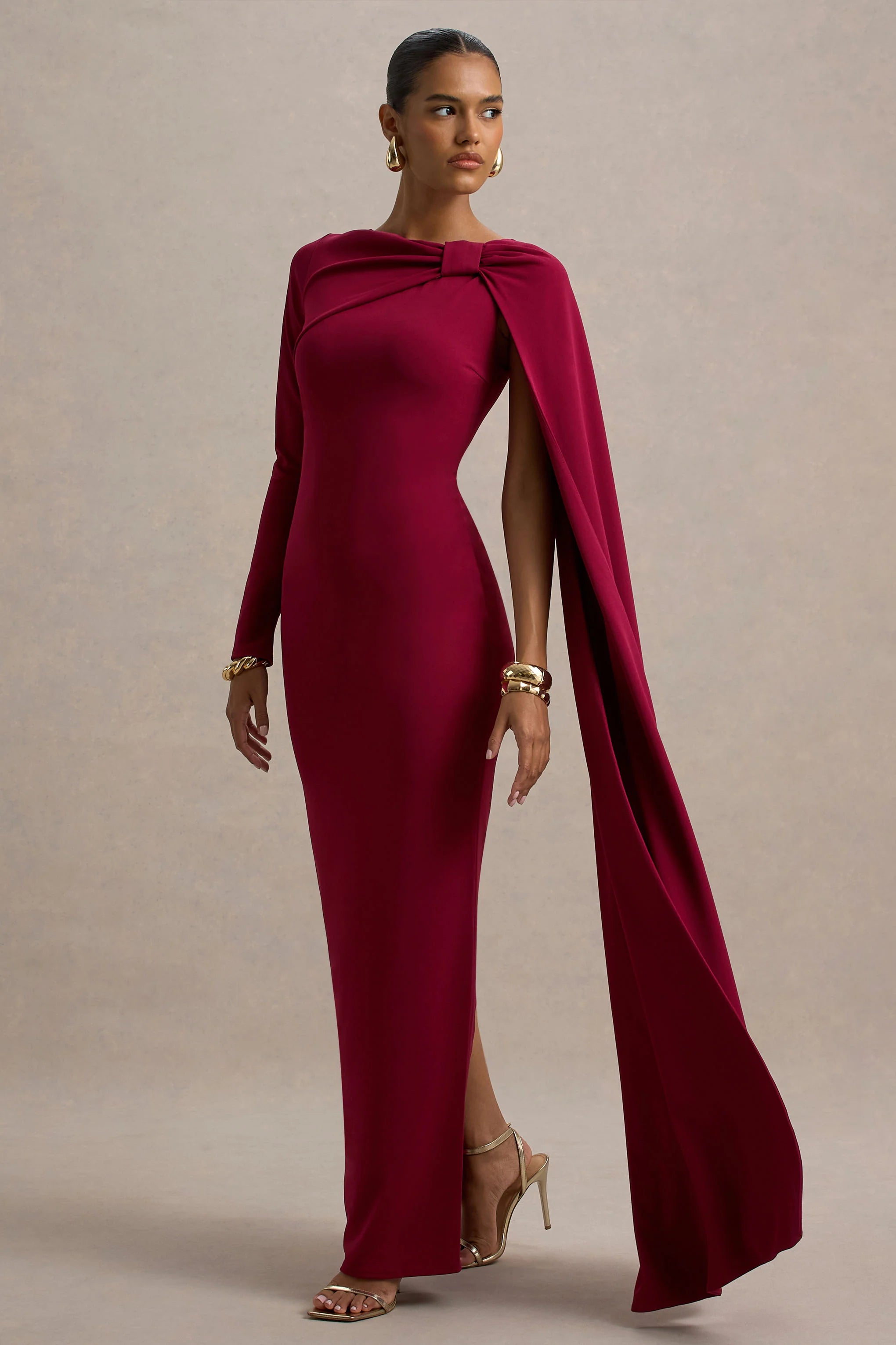 Frances | Burgundy High-Neck Maxi Dress With Cape Detail