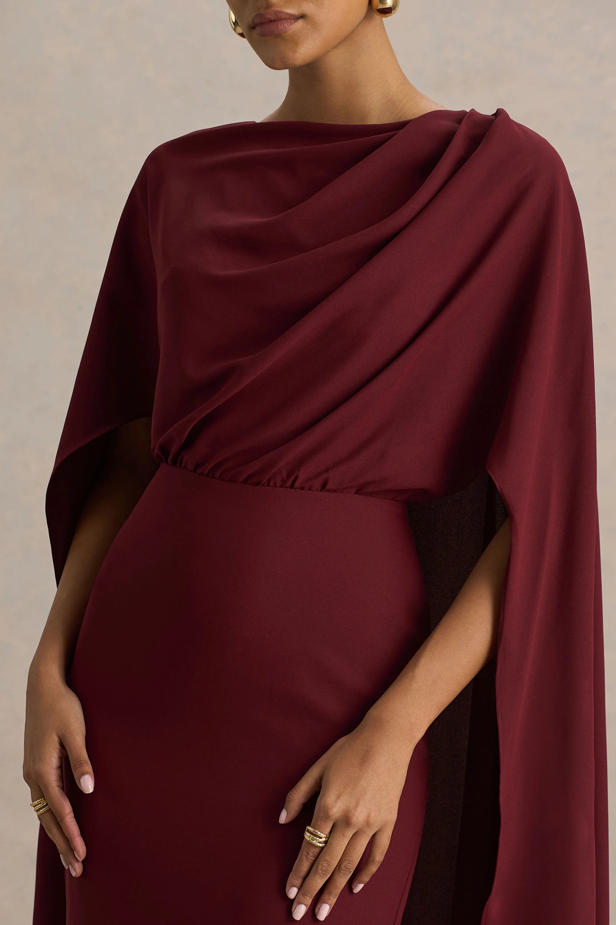 Pristina | Burgundy Boat-Neck Woven Maxi Dress With Cape Detail