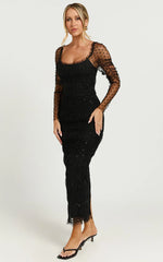 Evelyn Midi Dress Long Sleeve Shirred Tulle Dress in Black Polka