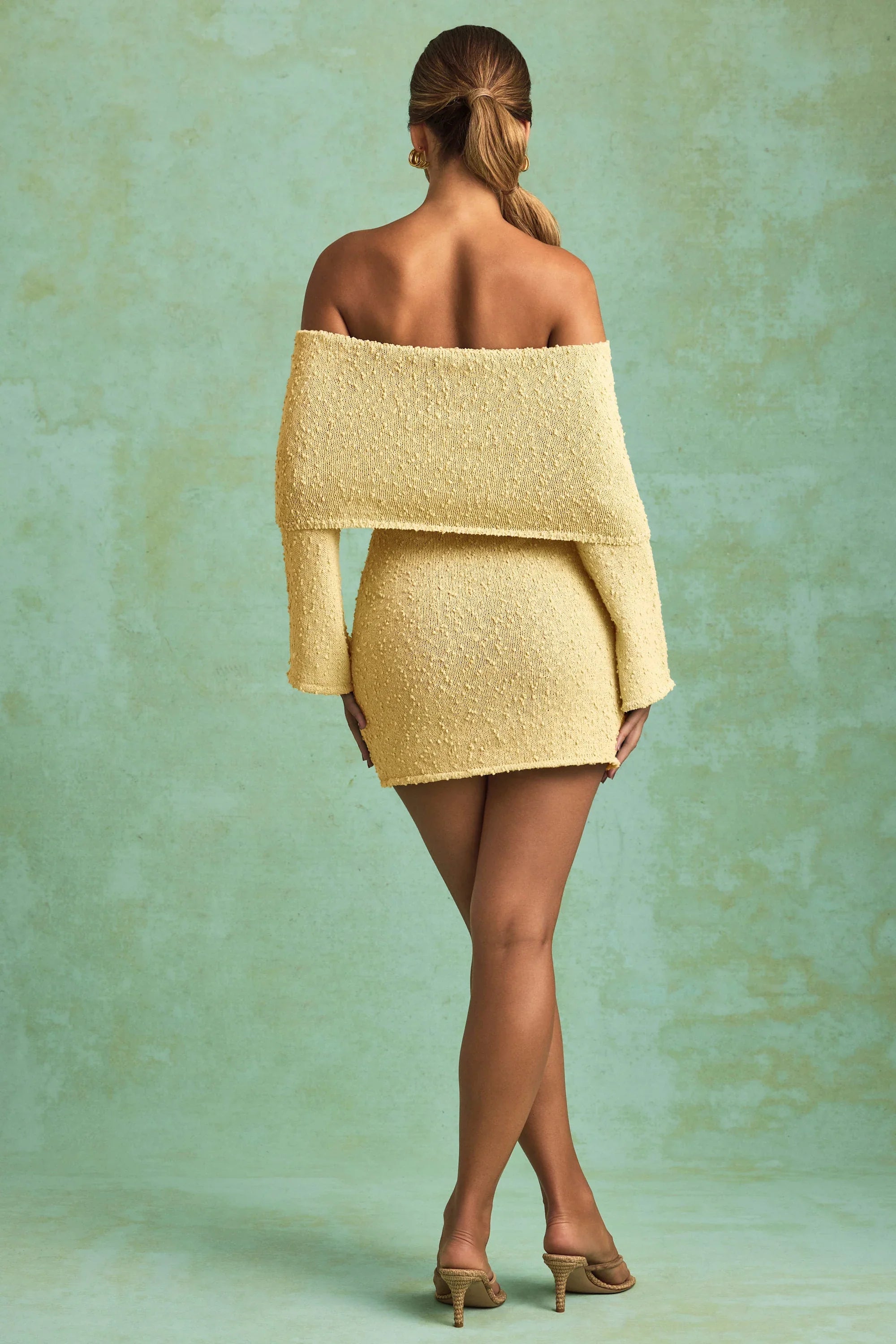 Bouclé Off-Shoulder Mini Dress in Yellow