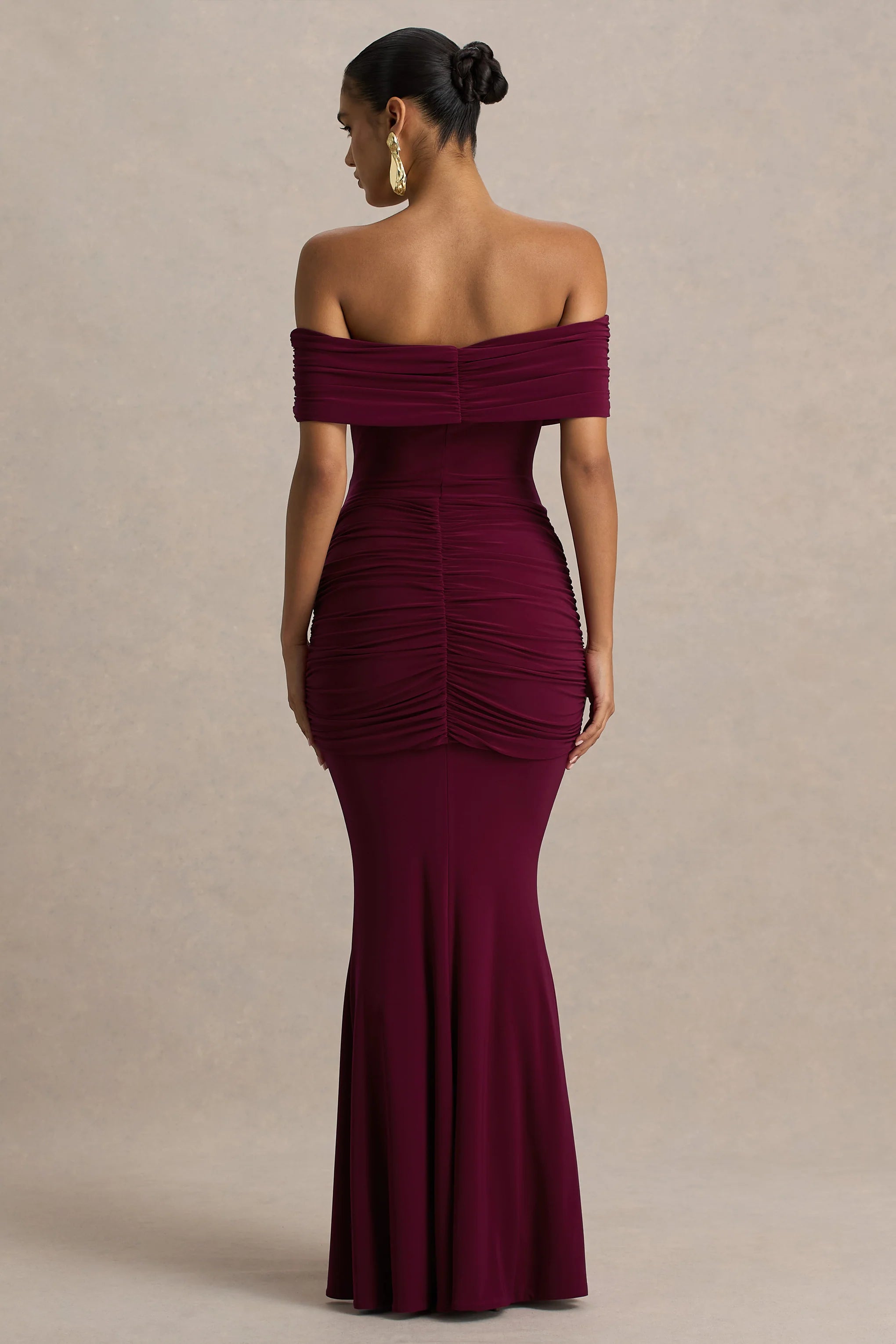 Envisioned | Burgundy Bardot-Neck Maxi Dress With Gathered And Drape Detail