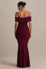 Envisioned | Burgundy Bardot-Neck Maxi Dress With Gathered And Drape Detail