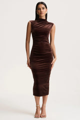 Novine | Brown Velvet High-Neck Midi Dress