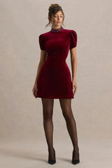 Margot | Burgundy High-Neck Velvet Mini Dress With Embellished Detail