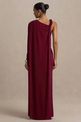 Cressida | Burgundy Asymmetric-Neck Maxi Dress With Cape And Gold Detail