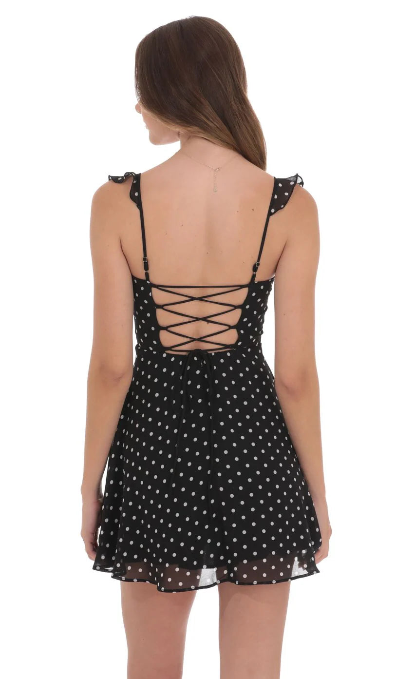 Polka Dot Ruffle Strap A-Line Dress in Black
