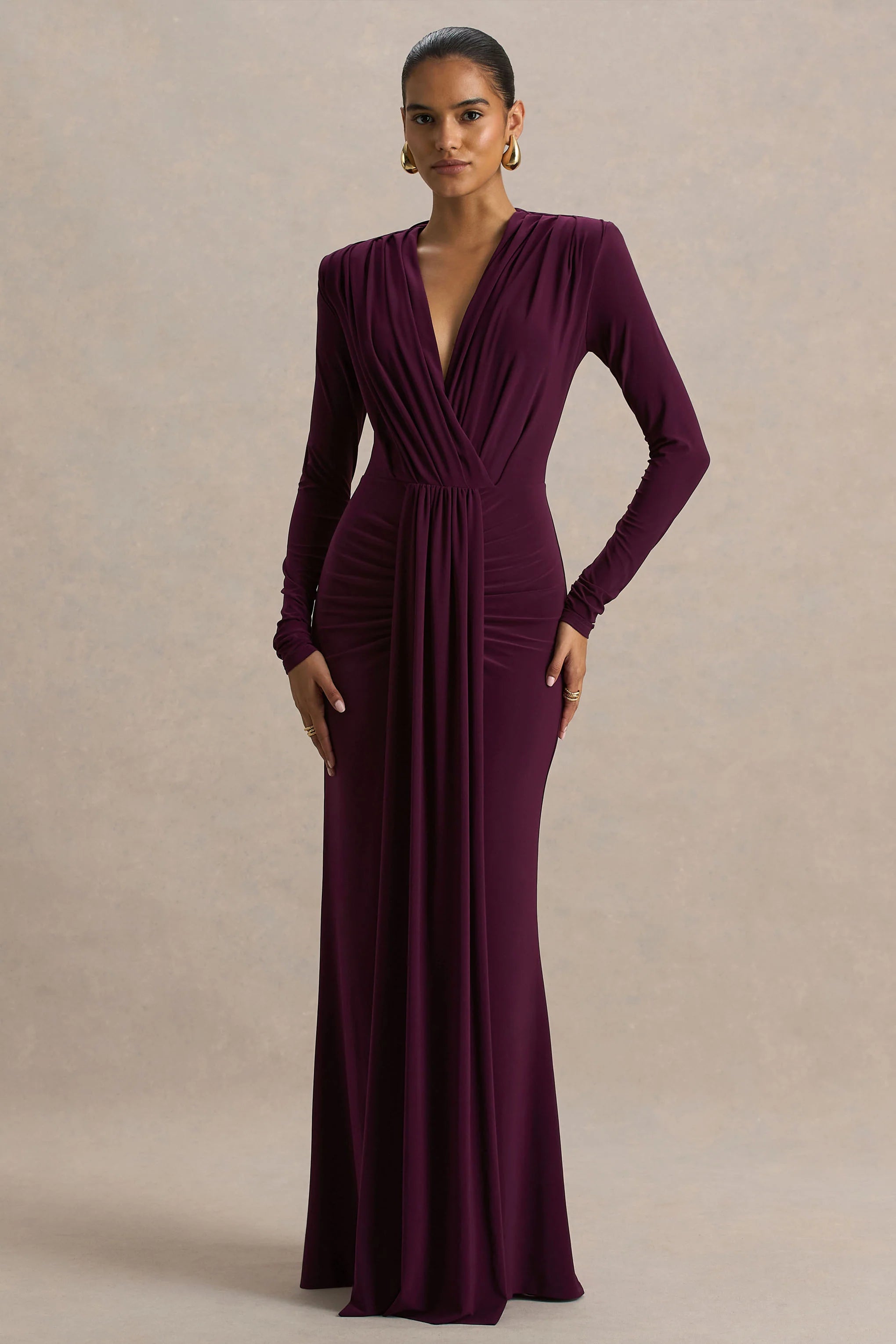 Flashy | Burgundy Plunge-Neck Maxi Dress With Ruched Detailing