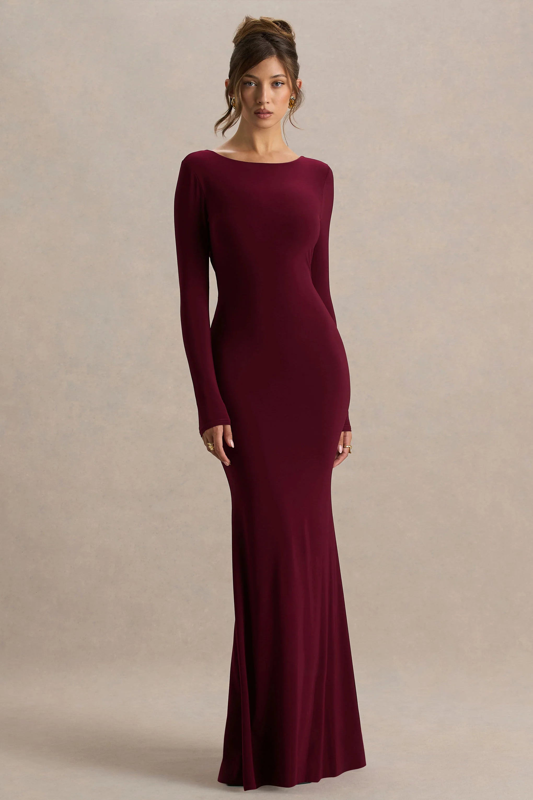 Estelle | Burgundy Boat-Neck Maxi Dress With Open-Back And Lace Detail