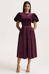 Seraphic | Burgundy Velvet Puff-Sleeve Midi Dress
